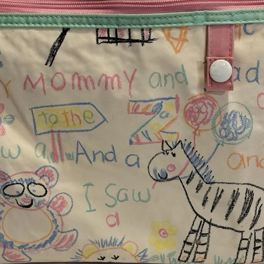 Vintage 90s Baby Boom Diaper Bag Zoo Animals Doodle Pink Blue Mommy Daddy